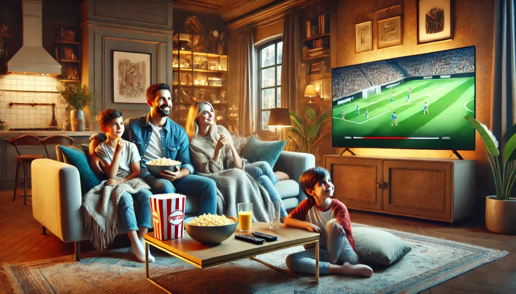 Familia viendo IPTV Latino en la sala, disfrutando de canales en español como deportes y películas en calidad HD y 4K, compatible con televisores, tablets y más.